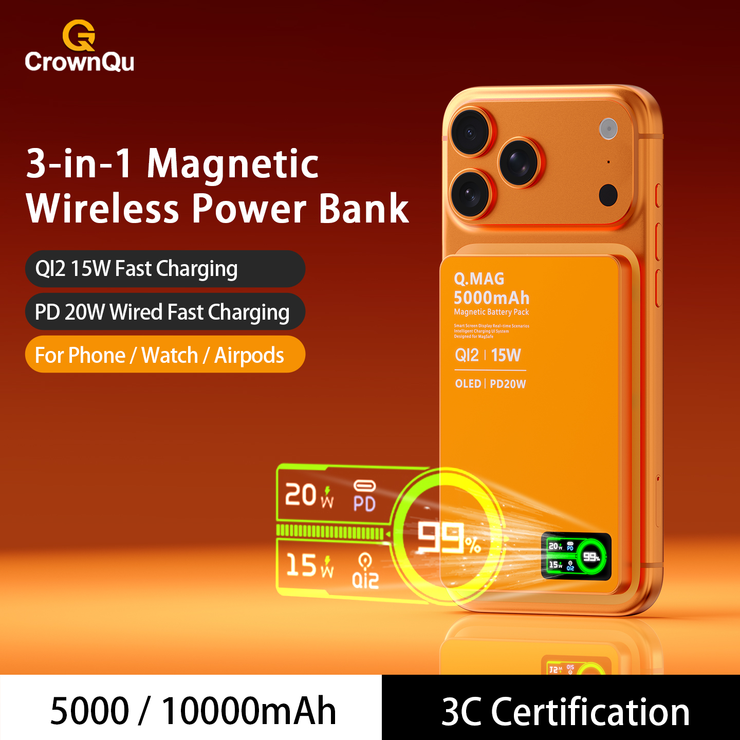 Portable Charger 20000Mah - 자석식 무선 보조배터리 Qi 2.1 USB-C