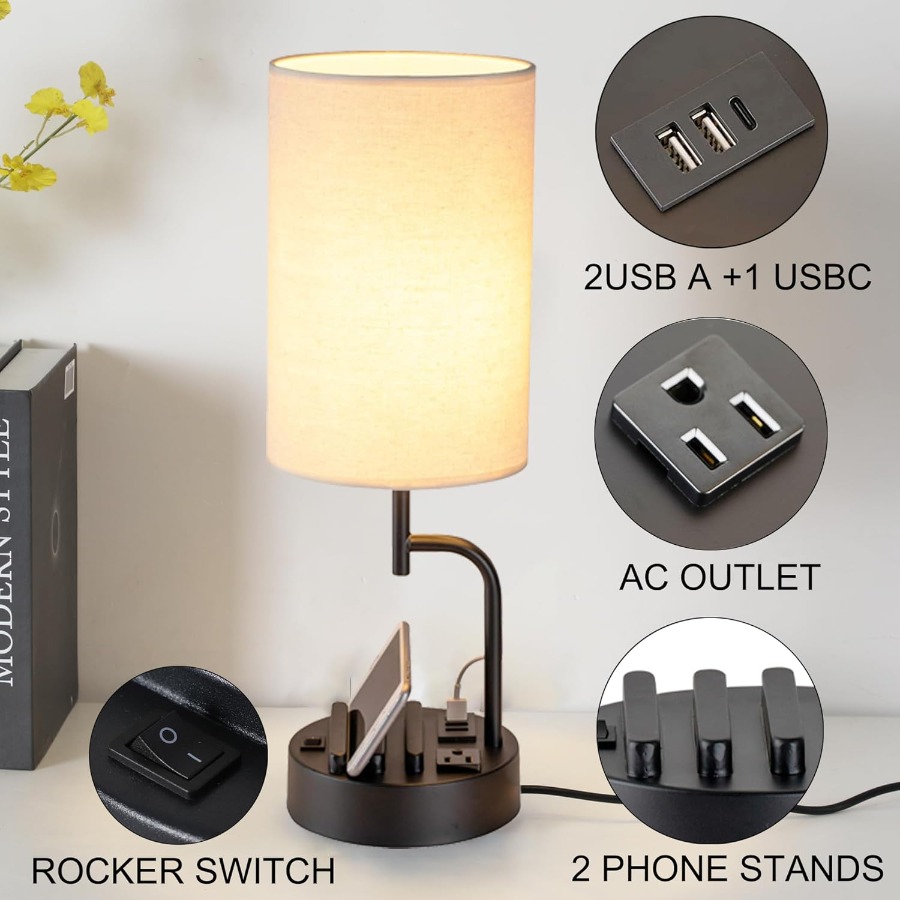 3개의 USB 충전 포트가 있는 테이블 램프, AC 콘 - Desk Phone Stand review and price